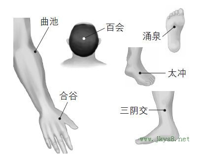 百會(huì)、曲池、合谷、太沖、三陰交